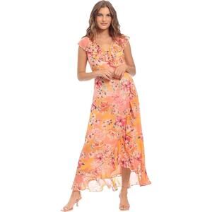 London Times Chiffon Womens Maxi Dress Orange Floral Faux Wrap Ruffled Sz 16